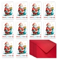 Detailed set of 10 Christmas cards with Santa Claus illustrations and red envelopes - Santa With Gift Bag Style (T02040119)