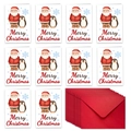 Lot de 10 cartes de Noël avec Père Noël aquarelle et 10 enveloppes rouges élégantes - Style Père Noël & Manchot (T02040122)