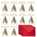 Detail of Christmas cards with watercolor trees and snowmen plus red envelopes - Watercolor Christmas Tree And Gift Bag Style (T02040147)