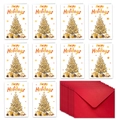 Set of 10 festive Merry Christmas cards with red envelopes and gold tree designs - Gold Christmas Tree Style (T02040133)