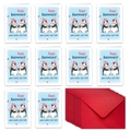 Dettaglio di 10 biglietti di anniversario con pinguini e 10 buste rosse per coppie - Pinguino Anniversario (T02040095)