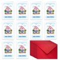 Detail set of 10 watercolor new home cards with matching vibrant red envelopes - Watercolor Pink House Style (T02040060)