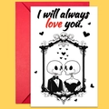Tarjeta de San Valentín gótica con pareja de calaveras y sobre rojo en amarillo - Estilo Ilustración Esqueleto Siempre Te Amaré (T02040154)