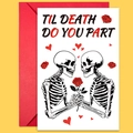 Tarjeta de boda esqueleto Til Death Do You Part con sobre rojo sobre fondo amarillo - Estilo Tema de Boda Doble Esqueleto Sosteniendo Rosa (T02040160)