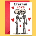 Tarjeta Eternal Love con esqueletos y sobre rojo sobre fondo amarillo para San Valentín - Estilo Ilustración Esqueleto Íntimo Amor Eterno (T02040161)