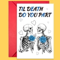 Tarjeta de San Valentín con calaveras y sobre rojo sobre un fondo amarillo vivo - Estilo Esqueleto Cara a Cara Hasta Que La Muerte Nos Separe (T02040162)
