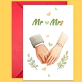 Tarjeta de boda Mr & Mrs en acuarela romántica con un sobre rojo vibrante - Estilo Acuarela Anillo Tomado de la Mano Sr. y Sra. (T02040163)