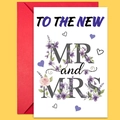 Tarjeta de boda con diseño floral y sobre rojo sobre un fondo amarillo brillante - Estilo Corazón Floral Nuevos Sr. y Sra. (T02040164)