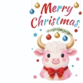 Pink cartoon cow Christmas card with ornaments and Merry Christmas greeting - Pink Cartoon Cow With Christmas Balls (T02040103)