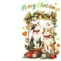Christmas card set featuring watercolor illustration of two cats under a holiday wreath - Watercolor Cats With Christmas Wreath (T02040104)