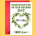 Tarjeta de boda con corona de hojas, texto Mr & Mrs y sobre de color rojo vibrante - Estilo Guirnalda de Hojas Felicitaciones de Boda (T02040165)