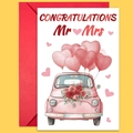 Tarjeta de boda con coche retro rosa, globos de corazón y sobre rojo - Estilo Felicitaciones Globo Rosa Coche Retro (T02040166)