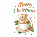 Christmas card featuring a cute mouse in a teacup with holly berries and Merry Christmas text - Watercolor Mouse In Teacup With Holly (T02040106)