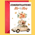 Tarjeta de boda con ilustración de coche vintage y sobre rojo para felicitar a Mr & Mrs - Estilo Felicitaciones Ramo de Globos Coche Retro (T02040167)