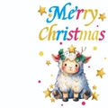 Large Christmas card featuring a cute cartoon white lamb with stars and deer antlers - Watercolor Sheep With Antlers And Stars (T02040107)