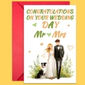Tarjeta de boda con ilustración en acuarela de pareja y perro con sobre rojo - Estilo Acuarela Nueva Pareja con Pastor (T02040168)