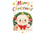 Christmas greeting card with cute cartoon sheep wearing hats in a festive green wreath - Three Sheep With Christmas Wreath (T02040109)