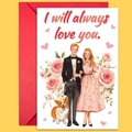 Tarjeta romántica de San Valentín en acuarela con sobre rojo y diseño de pareja - Estilo Bendición Romántica con Corgi (T02040169)