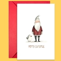 Vintage Christmas card set featuring watercolor Santa and Penguin with red envelope - Santa And Penguin Watercolor Set (T020400600)