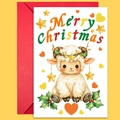 Christmas card set featuring a watercolor sheep illustration with a red envelope - Watercolor Little Sheep With Stars (T02040112)