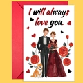 Tarjeta de boda con sobre rojo e ilustración de 'I will always love you' - Estilo Ilustración Nueva Pareja con Shiba Inu Naranja (T02040171)