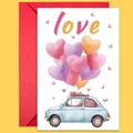 Tarjeta de felicitación con coche vintage azul, globos de corazón y sobre rojo - Estilo Coche Retro con Globos de Corazón (T02040173)
