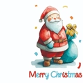 Christmas card variant featuring a watercolor Santa Claus with a blue gift bag and gold box - Santa With Sack And Gift Box (T02040119)