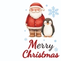 Large Christmas card featuring watercolor Santa Claus and penguin with Merry Christmas text - Santa Claus And Penguin With Snowflakes (T02040120)