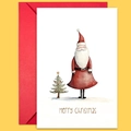 Retro Christmas card set with hand-drawn Santa and red envelope on yellow background - Long-legged Santa With Tiny Tree (T020400598)
