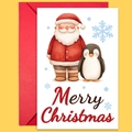 Christmas card with watercolor Santa Claus and penguin motif including red envelope - Santa And Penguin Set With Envelope (T02040122)