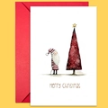 Large vintage Christmas card set with Santa illustration and red envelope on yellow background - Santa With Striped Hat And Tree (T02040061)