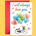 Tarjeta de San Valentín con globos de corazones en bicicleta y sobre rojo - Estilo Cesta de Flores de Globo de Bicicleta (T02040178)