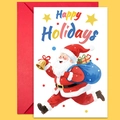 Holiday greeting card set with watercolor Santa Claus and matching red envelope - Santa With Sack And Bell Card Set (T02040124)