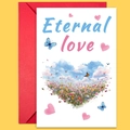 Tarjeta de San Valentín Eternal Love con corazón floral y sobre rojo brillante - Estilo Corazón de Nubes de Cielo Azul Floral (T02040181)