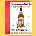 Tarjeta divertida de San Valentín de whisky con sobre rojo sobre fondo amarillo - Estilo Humorístico Copa de Vino Botella de Whisky (T02040185)