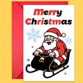 Christmas greeting card with cartoon Santa on sleigh and a vibrant red envelope - Santa Driving Sleigh Card Set (T02040131)