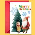 Merry Christmas card set with hand-drawn Santa and red envelope on yellow background - Santa Girl And Tree Illustration (T02040134)