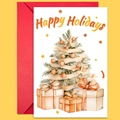 Large Christmas card with festive watercolor tree illustration and matching red envelope - Watercolor Tree And Gifts Set (T02040135)