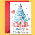 Christmas card set with blue tree illustration, pink gifts, and a vibrant red envelope - Blue Tree And Pink Gifts Card Set (T02040137)