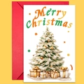 Large Christmas card with white snowy tree and red envelope on yellow background - Snowy Tree And Gift Boxes Set (T02040138)