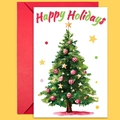 Watercolor Christmas card with tree and red envelope on a yellow background - Watercolor Tree With Red Balls (T02040140)