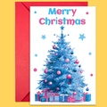 Christmas card set featuring a watercolor blue tree with festive gifts and red envelope - Blue Tree With Colored Balls (T02040142)
