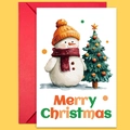 Christmas card set featuring watercolor snowman and tree with a festive red envelope - Watercolor Snowman And Pine Set (T02040143)
