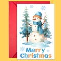 Large Christmas card featuring a watercolor snowman illustration with a red envelope - Snowman With Blue Scarf Illustration (T02040145)