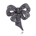 Vintage silver bow brooch with black rhinestones and intricate scrollwork detail - Black & Silver Style (B380-A)