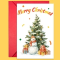 Watercolor Christmas card set featuring a snowman, trees and gifts with a red envelope - Snowy Tree And Snowman Card Set (T02040147)