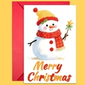 Cute snowman Christmas card with red envelope and festive watercolor illustration design - Snowman With Wand And Scarf (T02040149)