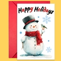 Holiday greeting card with watercolor snowman illustration and red envelope set - Watercolor Snowman With Red Scarf (T02040152)