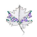 Elegante broche de hoja de membrillo con nácar, cristales de colores y una perla grande - Plateado (B320-A)