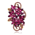 Vintage floral brooch with deep pink crystals and gold-plated scrollwork setting - Pink Purple
